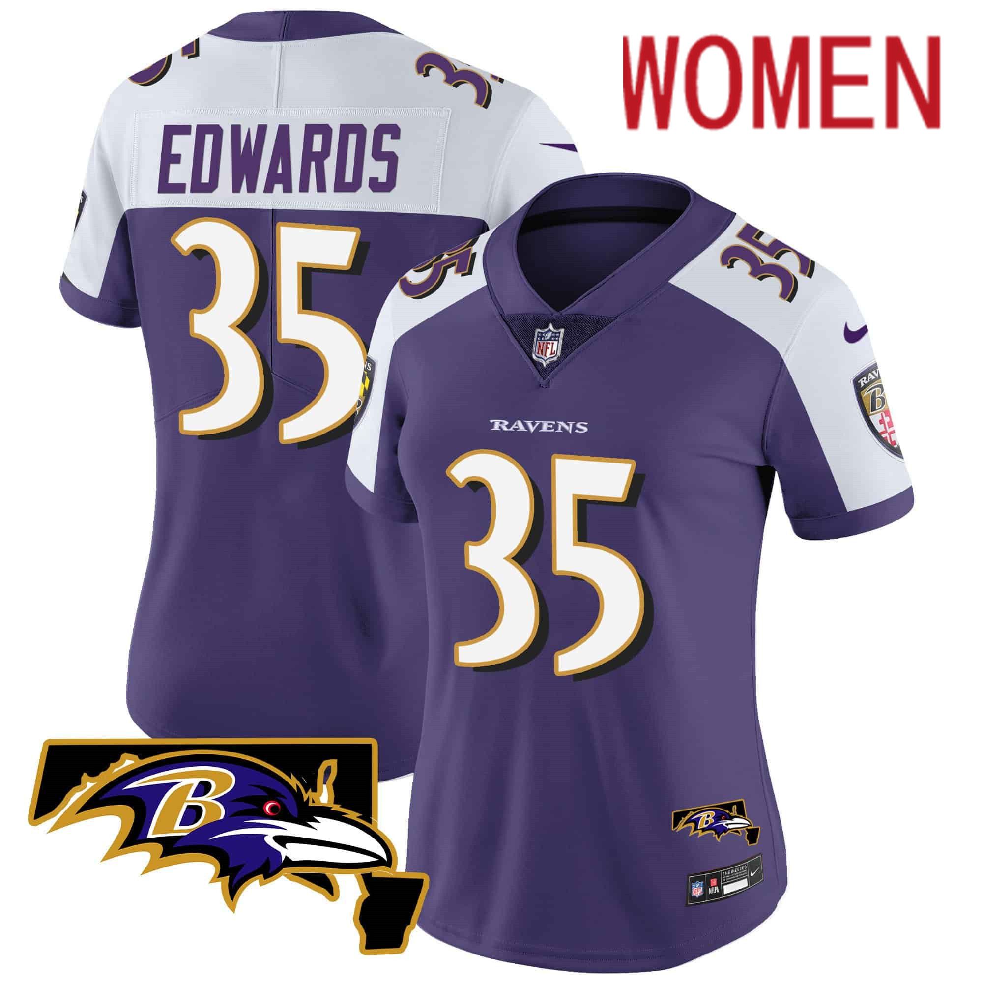 Women Baltimore Ravens 35 Edwards Purple 2024 Nike Maryland Patch Vapor Limited NFL Jersey